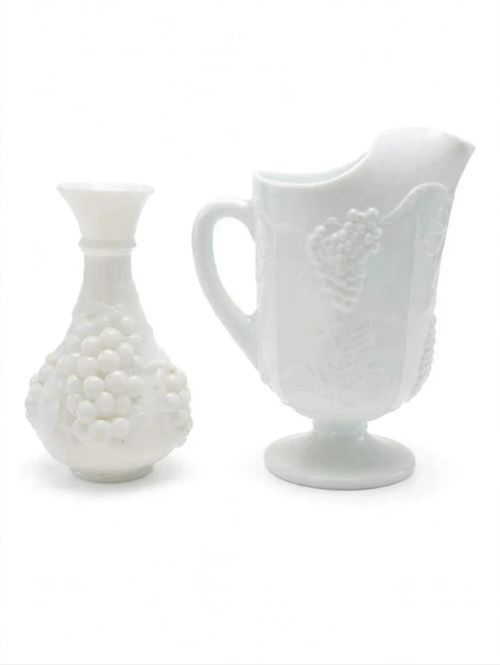 Vintage Indiana Glass Harvest Grape White Milk Glass Pitcher & Vase Set 1970s
